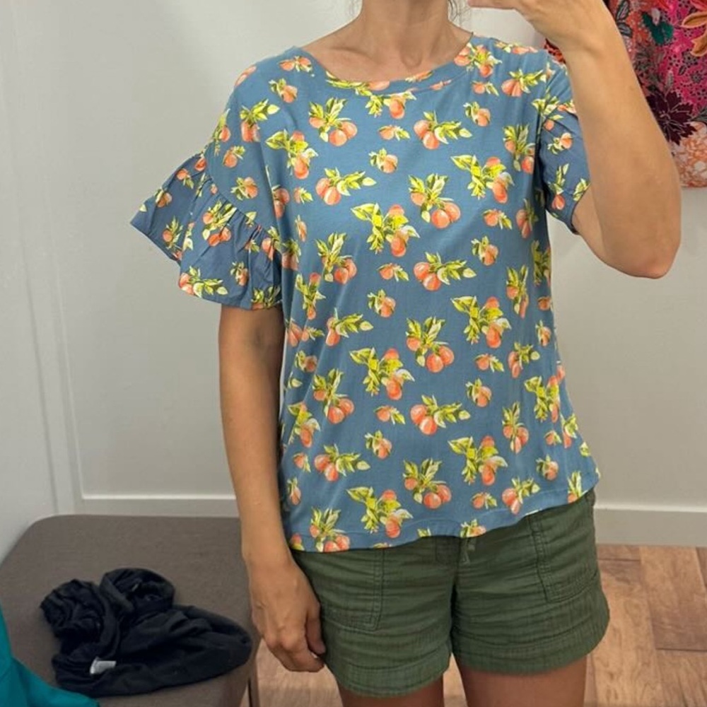 Loft Blue Floral Peach Print Ruffle-Sleeve Women's Top